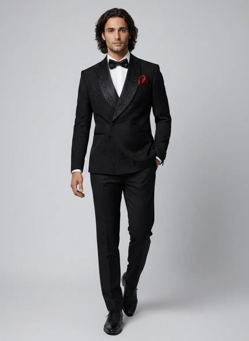 Onyx Prism Black Jacquard Diamond 2-Piece Tuxedo Set - Double-Breasted Jacket and Trousers