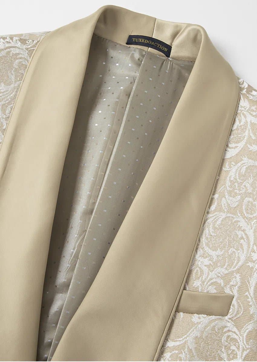 Aureate Empire Champagne Gold Jacquard 3-Piece Tuxedo Slim Fit Jacket Vest Trousers