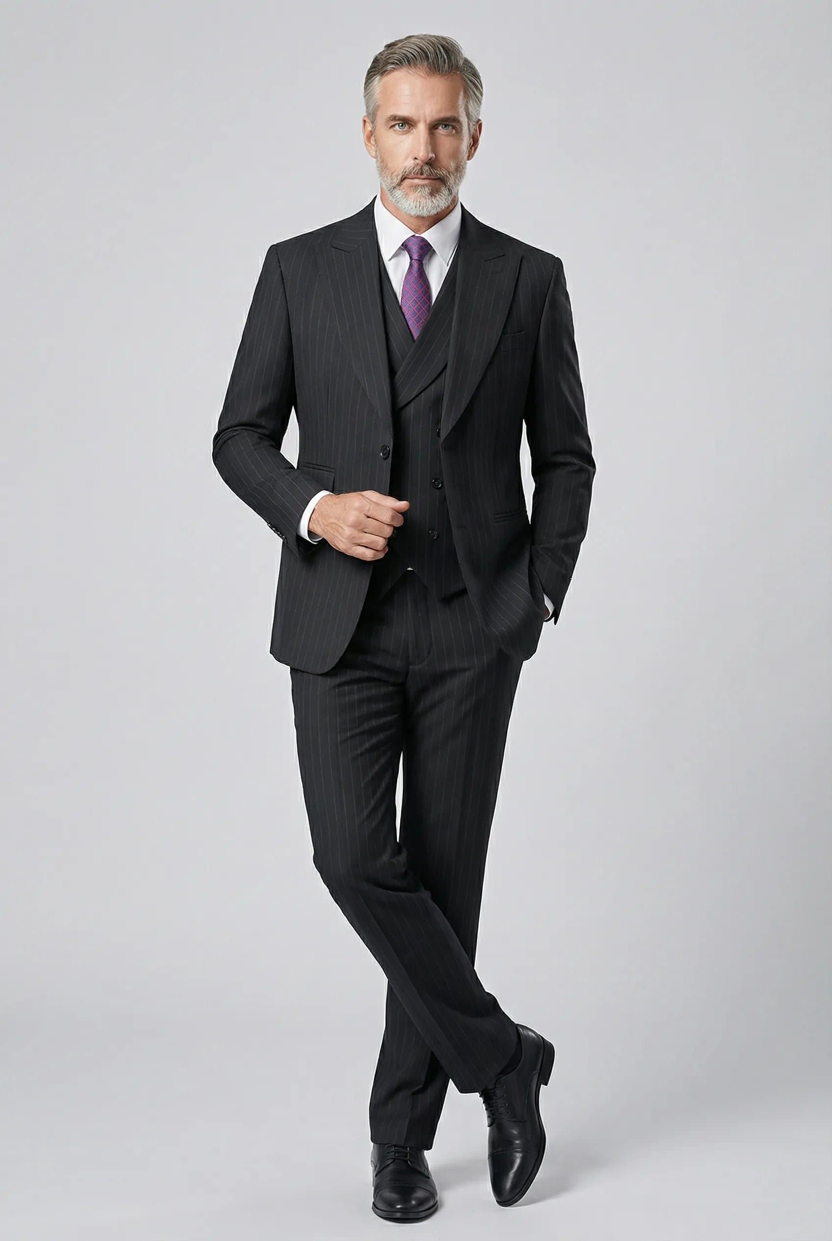 Obsidian Peak Black Pinstripe Double-Breasted Vest 3-Piece Slim Fit Suit Set