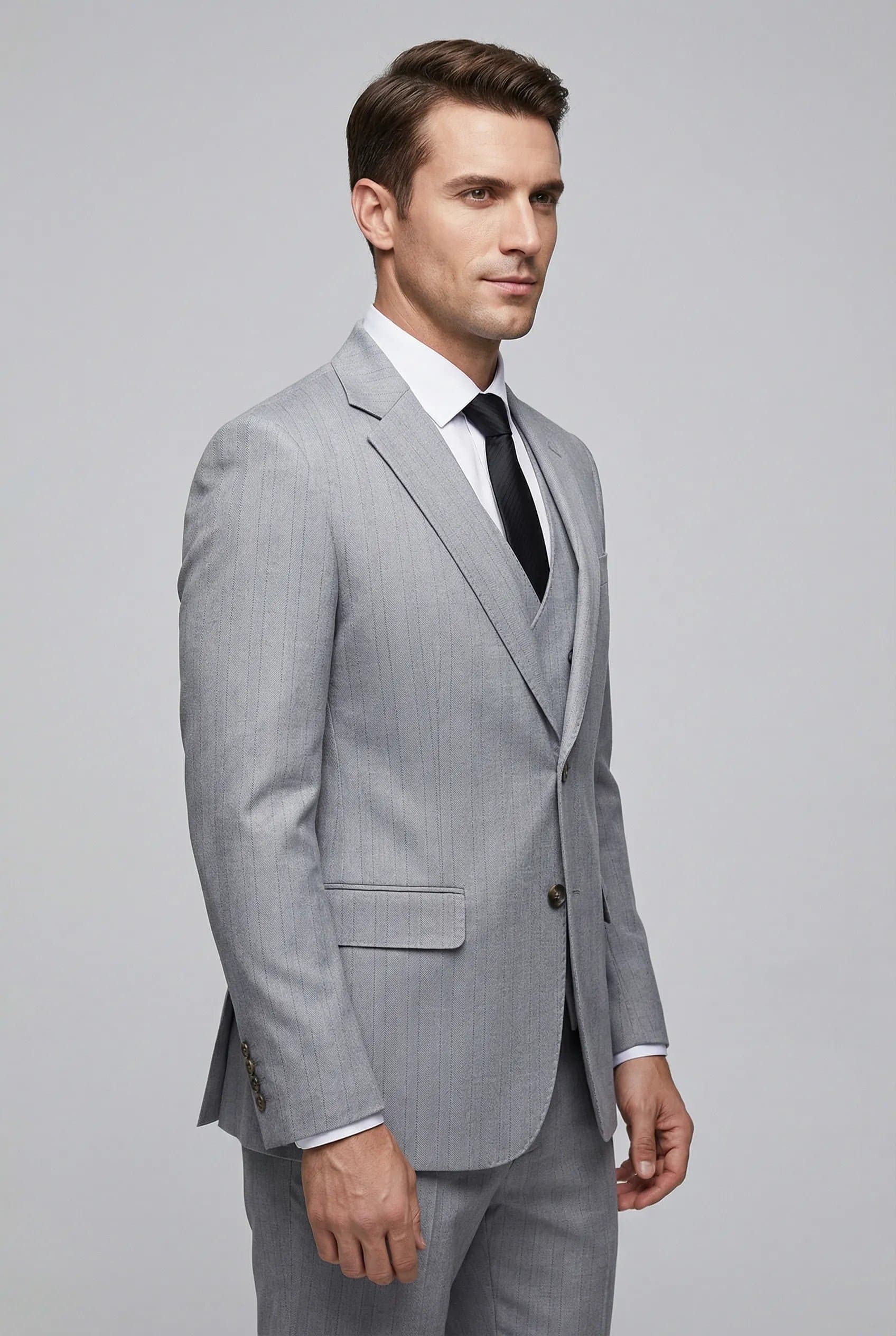 Sterling Pinstripe Light Grey Textured 3-Piece Slim Fit Suit Set - Jacket Vest Trousers