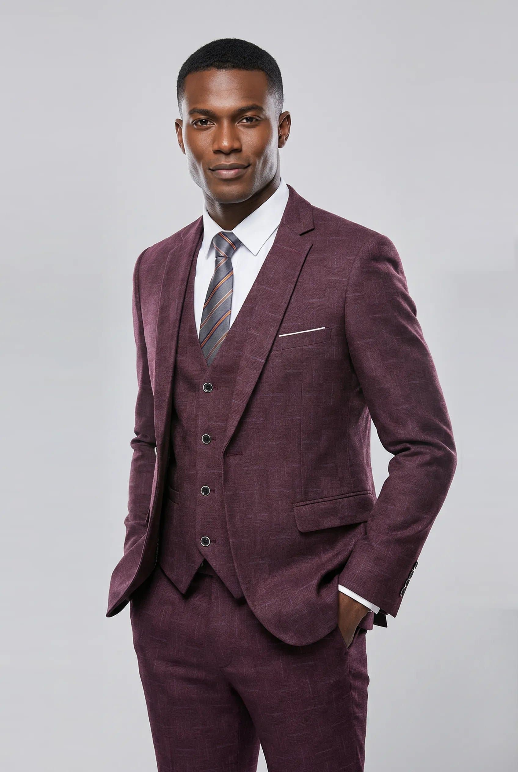 Garnet Mosaic Burgundy Textured 3-Piece Suit Set - Slim Fit Jacquard Jacket Vest Trousers
