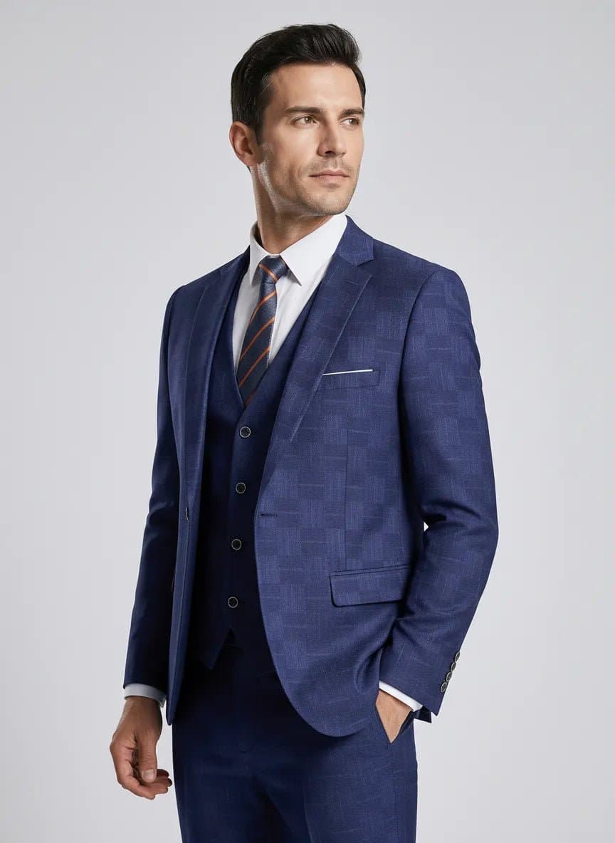 Royal Blue Geometric Sapphire Canvas 3-Piece Suit Set Jacket Vest Trousers Slim Fit