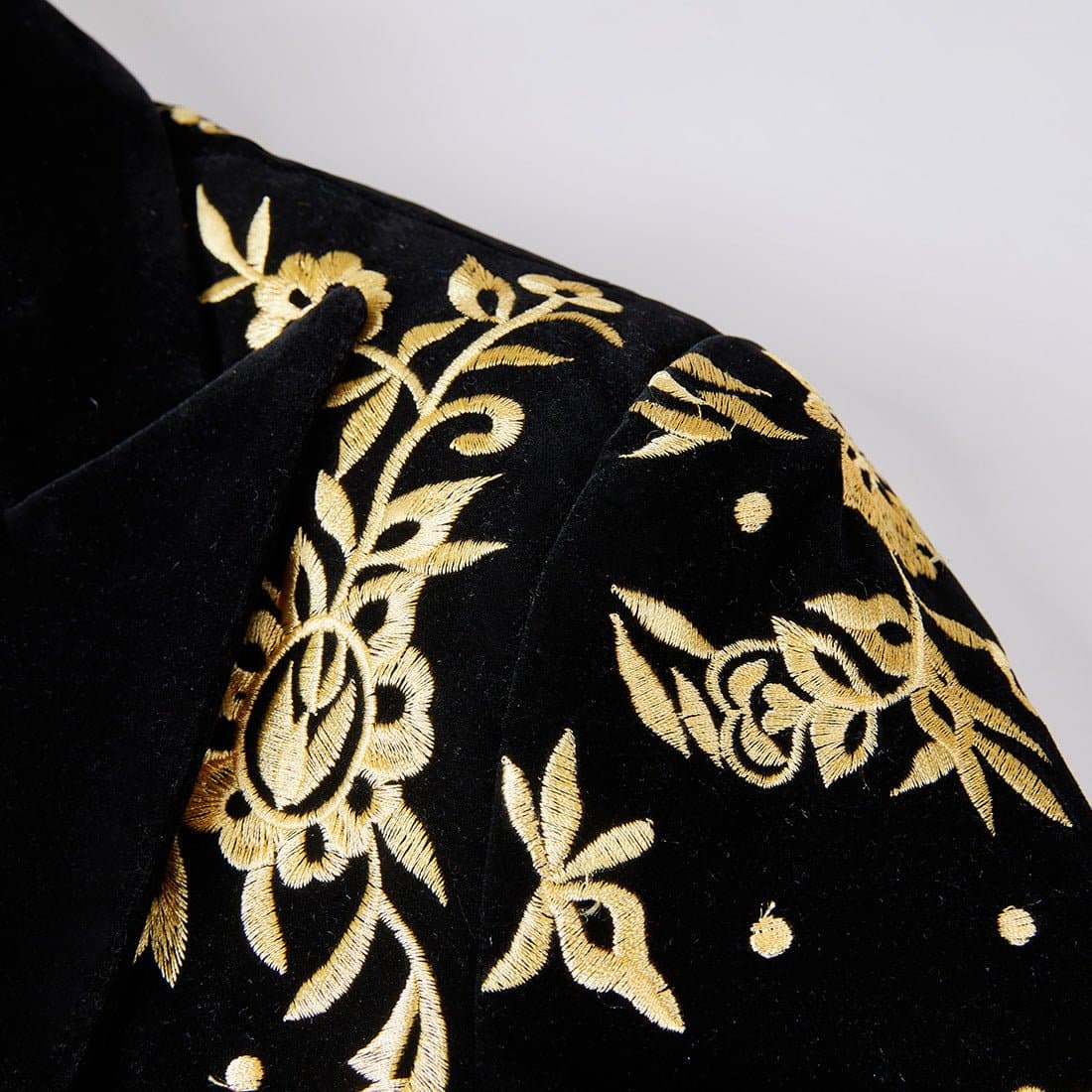 Black Velvet Gold Embroidered Tuxedo Set Jacket and Trousers Slim Fit