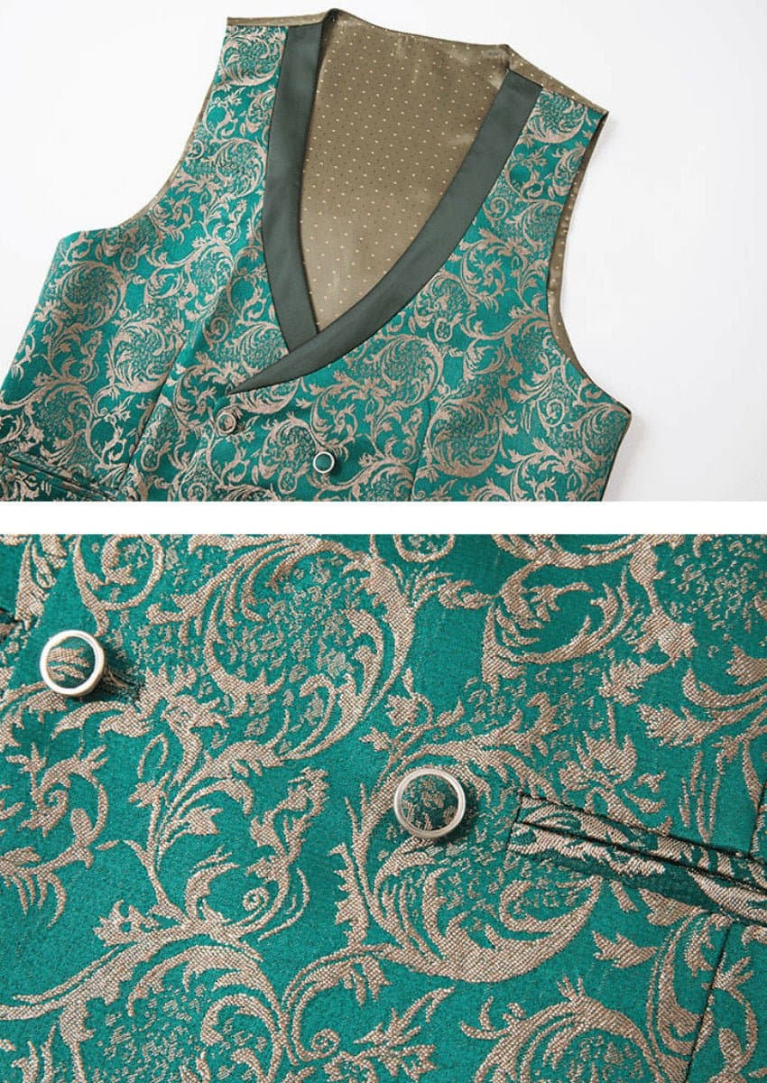 Emerald Green Jacquard 3-Piece Tuxedo Slim Fit Jacket Vest Trousers