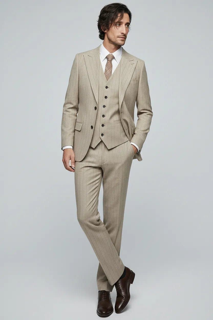 Khaki Herringbone Pinstripe 3-Piece Suit Set - Jacket Vest Trousers Modern Slim Fit