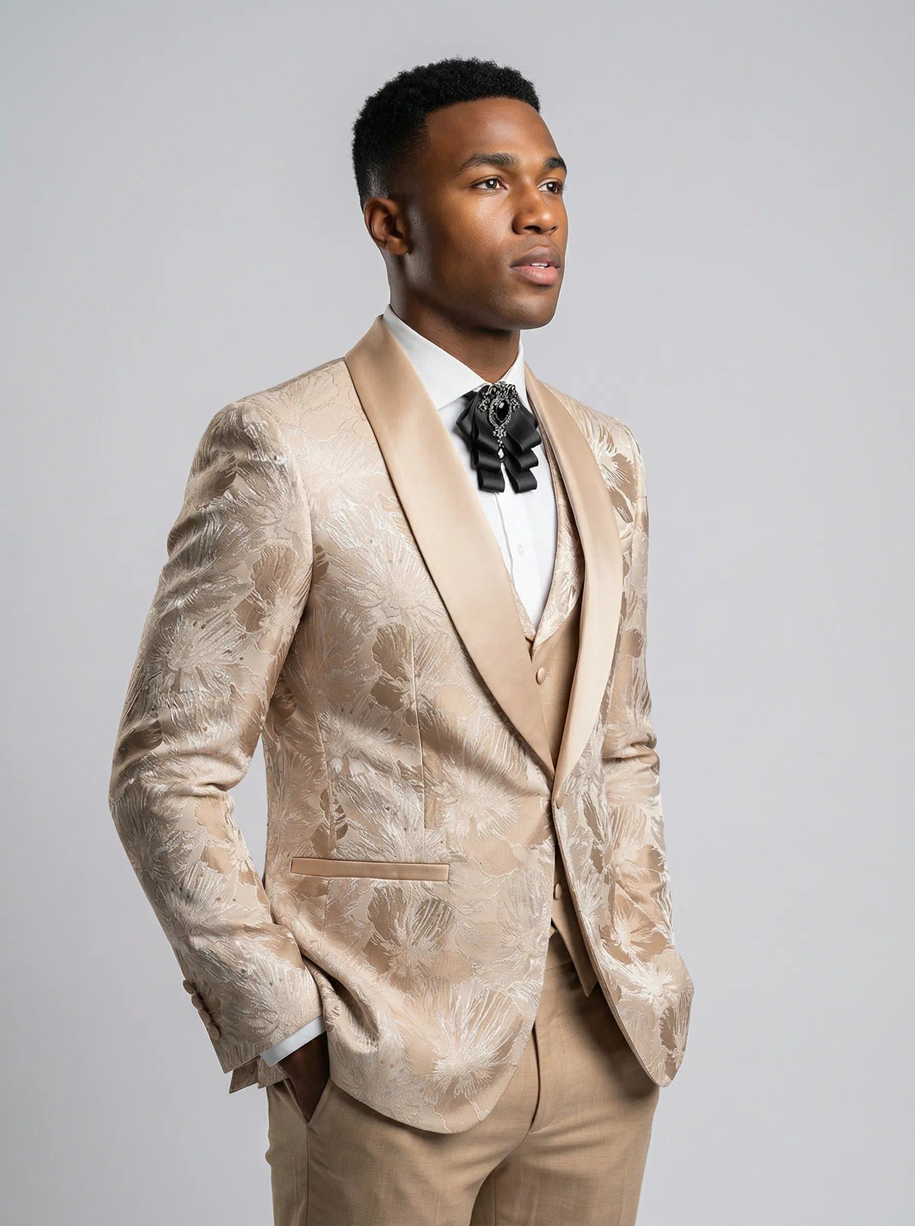 Aureate Mirage Champagne Gold Floral Jacquard Shawl Collar Tuxedo 3-Piece Suit 34R-54R