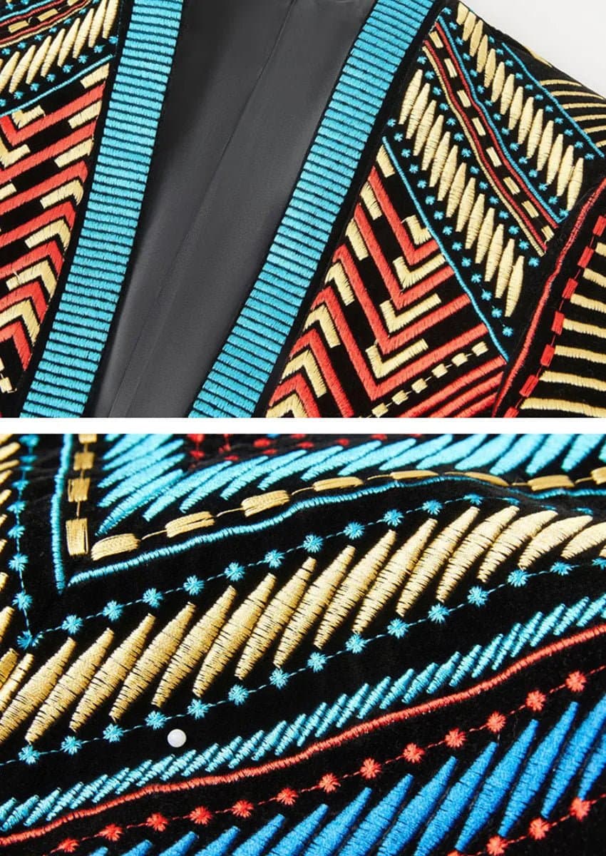 Mayan Sun Multi-Color Tribal Embroidered Velvet Jacket Slim Fit Black