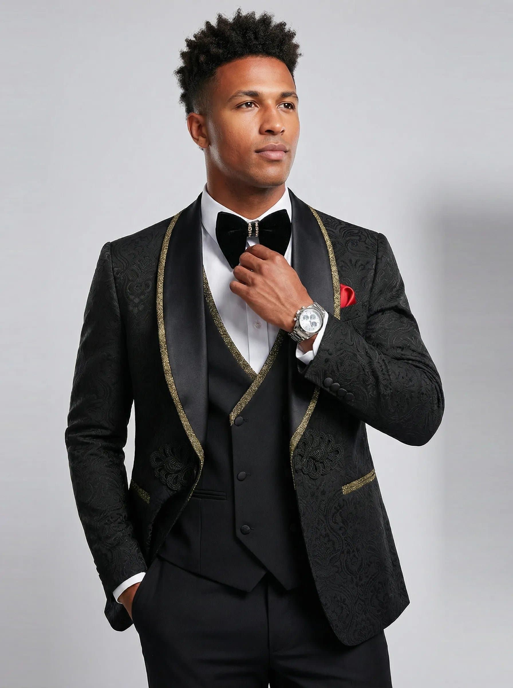 Black Damask Gold Trim 3-Piece Tuxedo Set Obsidian Gilt Slim Fit Jacket Vest Trousers