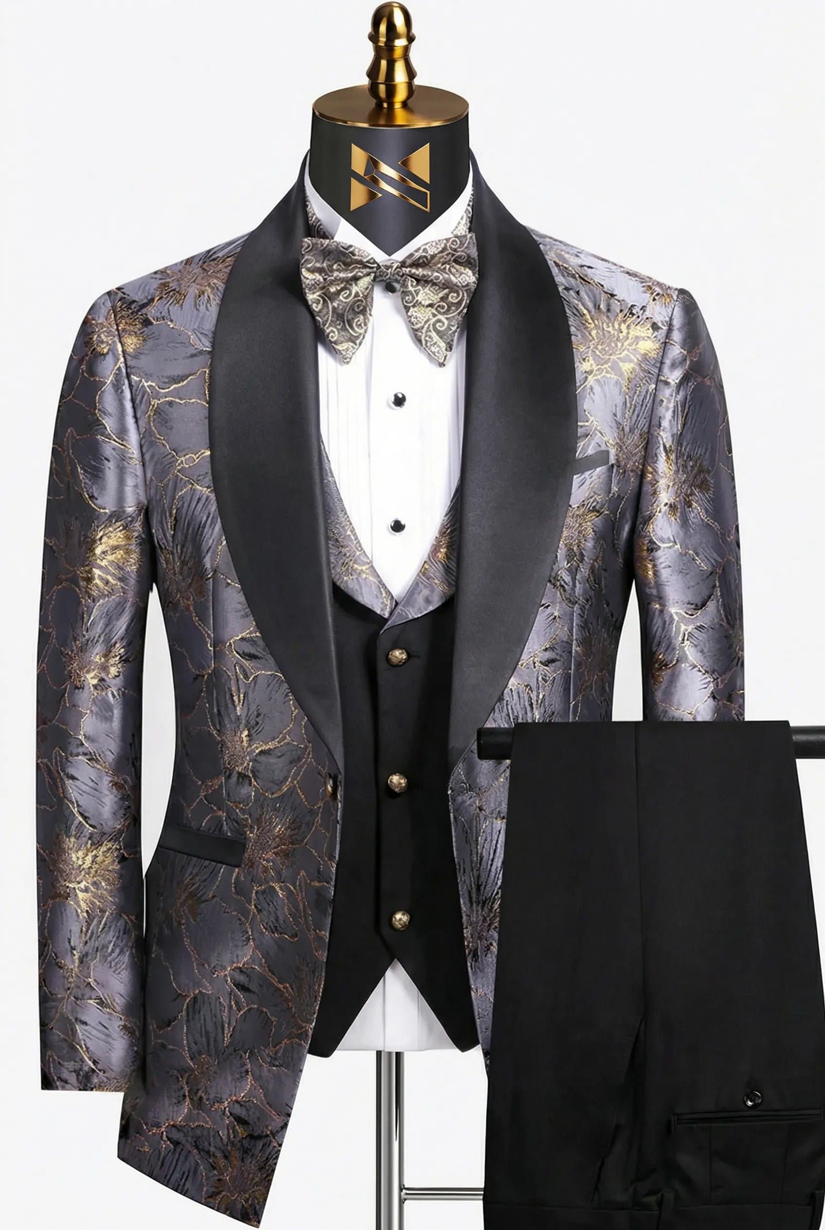 Chrome Galaxy Floral Jacquard Shawl Collar Tuxedo 3-Piece Suit 34R-54R