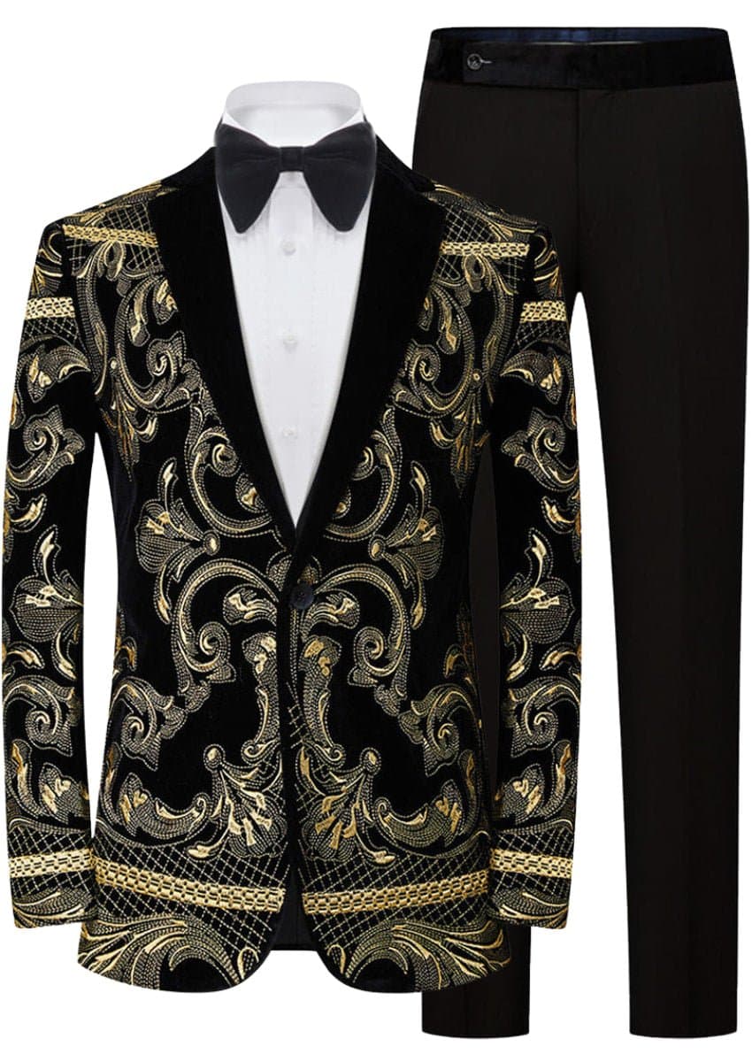 Black Velvet Gold Embroidered Tuxedo Jacket and Trousers Set Slim Fit