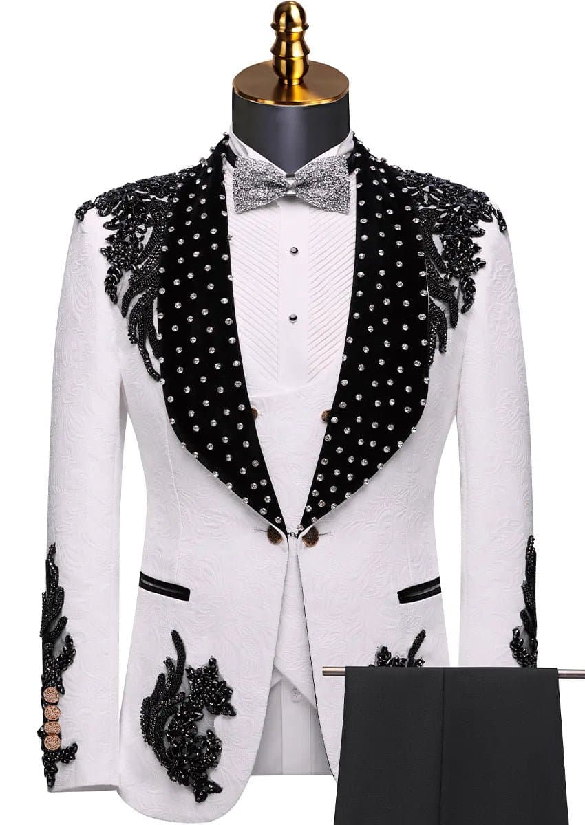 Obsidian Vanguard White Black Wing Beaded Contrast 3-Piece Tuxedo Slim Fit