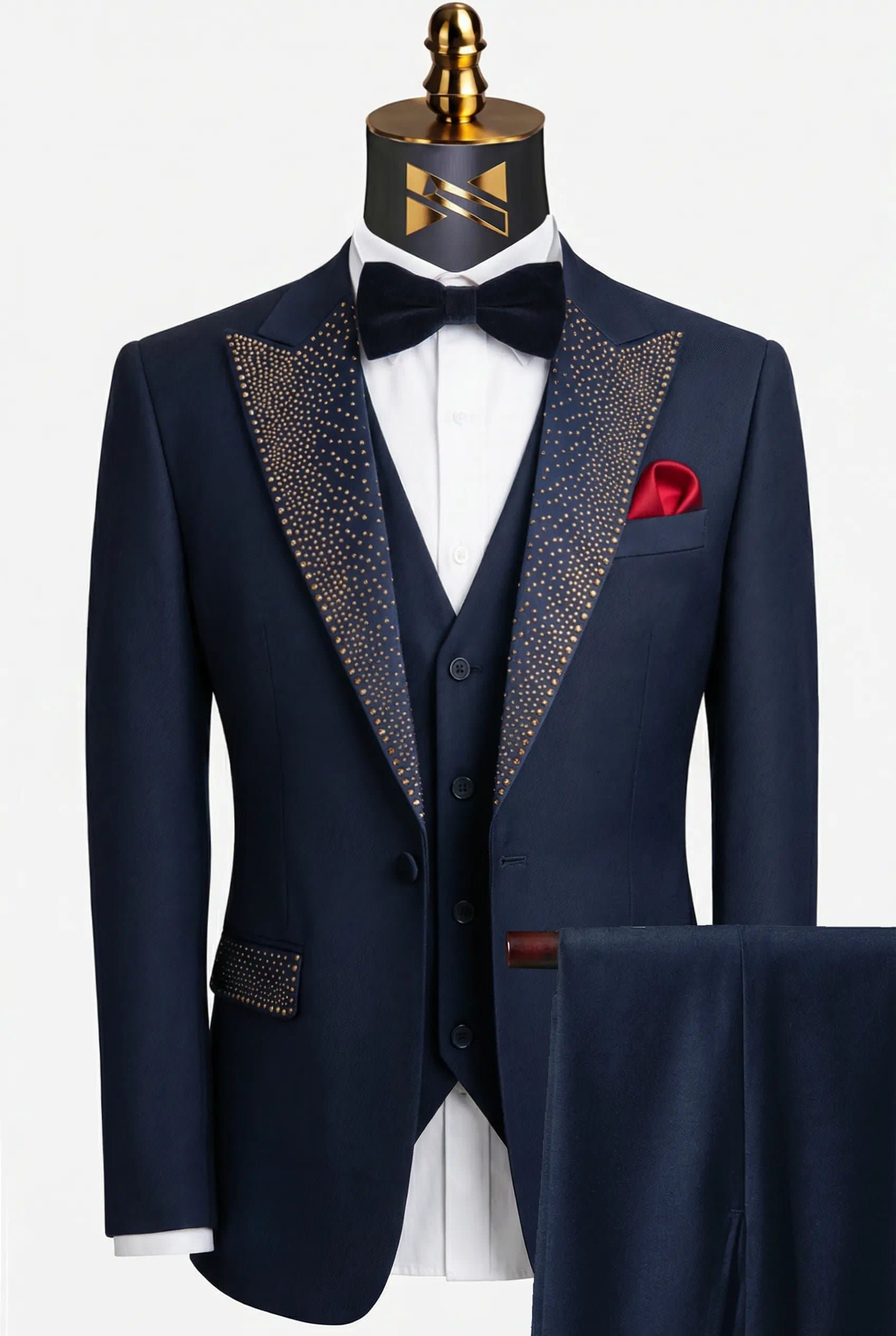 Cobalt Starlight Navy Blue Gold Crystal Peak Lapel 3-Piece Tuxedo Slim Fit