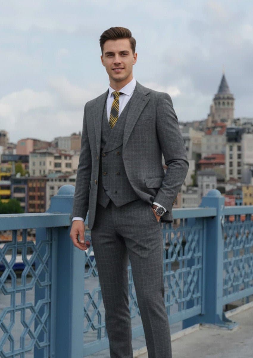 Charcoal Grey Textured Windowpane 3-Piece Suit Set with Double-Breasted Vest