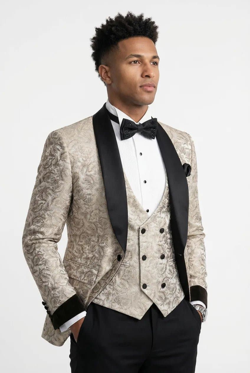 Ivory Meridian Beige Leaf Jacquard 3-Piece Tuxedo Jacket Vest Trousers Slim Fit