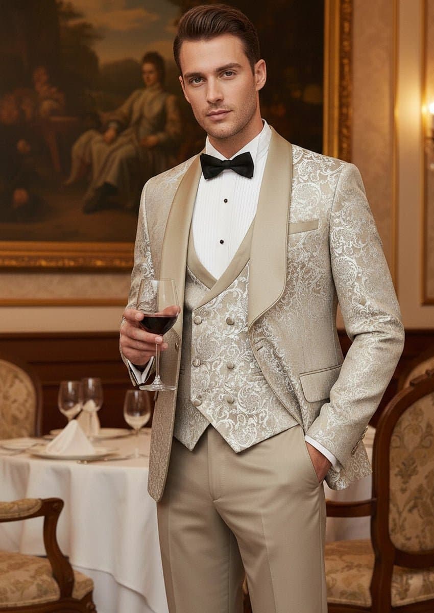 Aureate Empire Champagne Gold Jacquard 3-Piece Tuxedo Slim Fit Jacket Vest Trousers