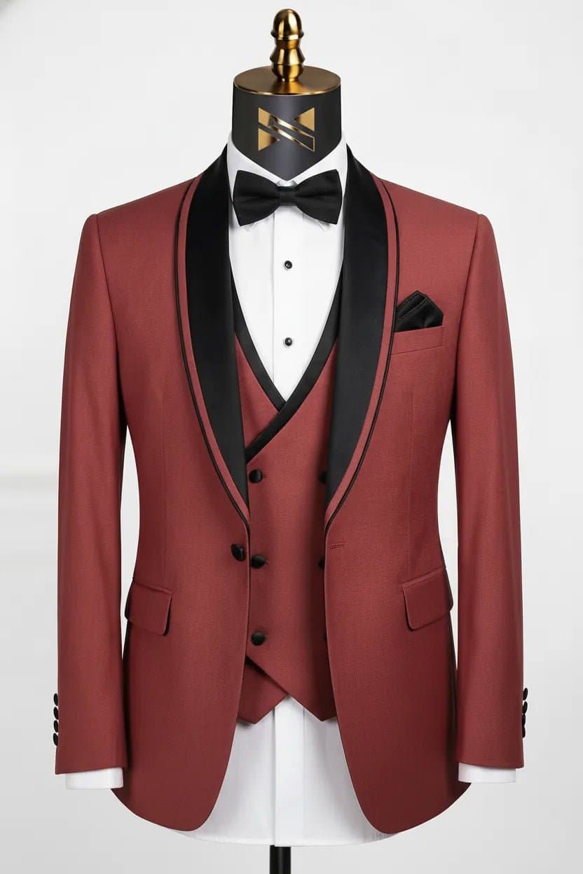 Rosewood Mirage Dusty Rose Satin Shawl Collar 3-Piece Tuxedo Suit - Slim Fit Jacket Vest Trousers