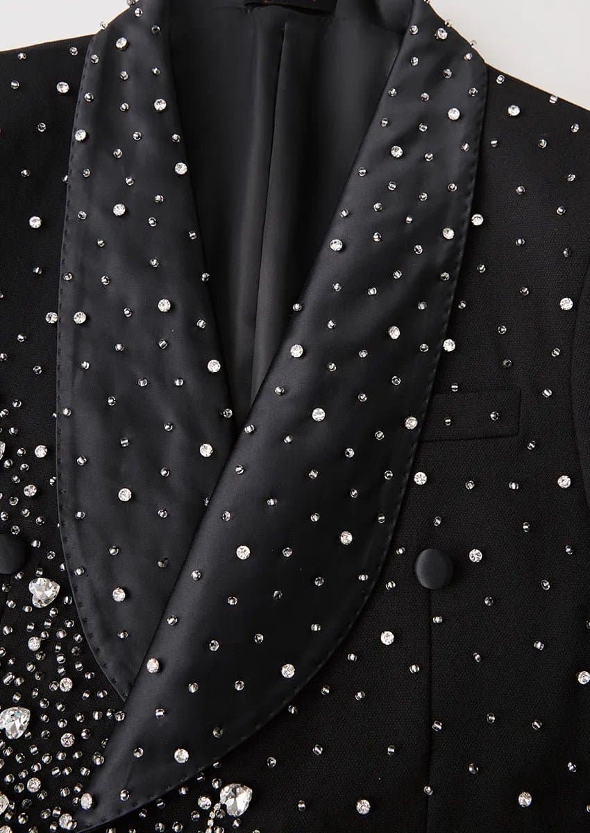 Obsidian Cascade Black Crystal Fringe 2-Piece Tuxedo Set Jacket Trousers Slim Fit