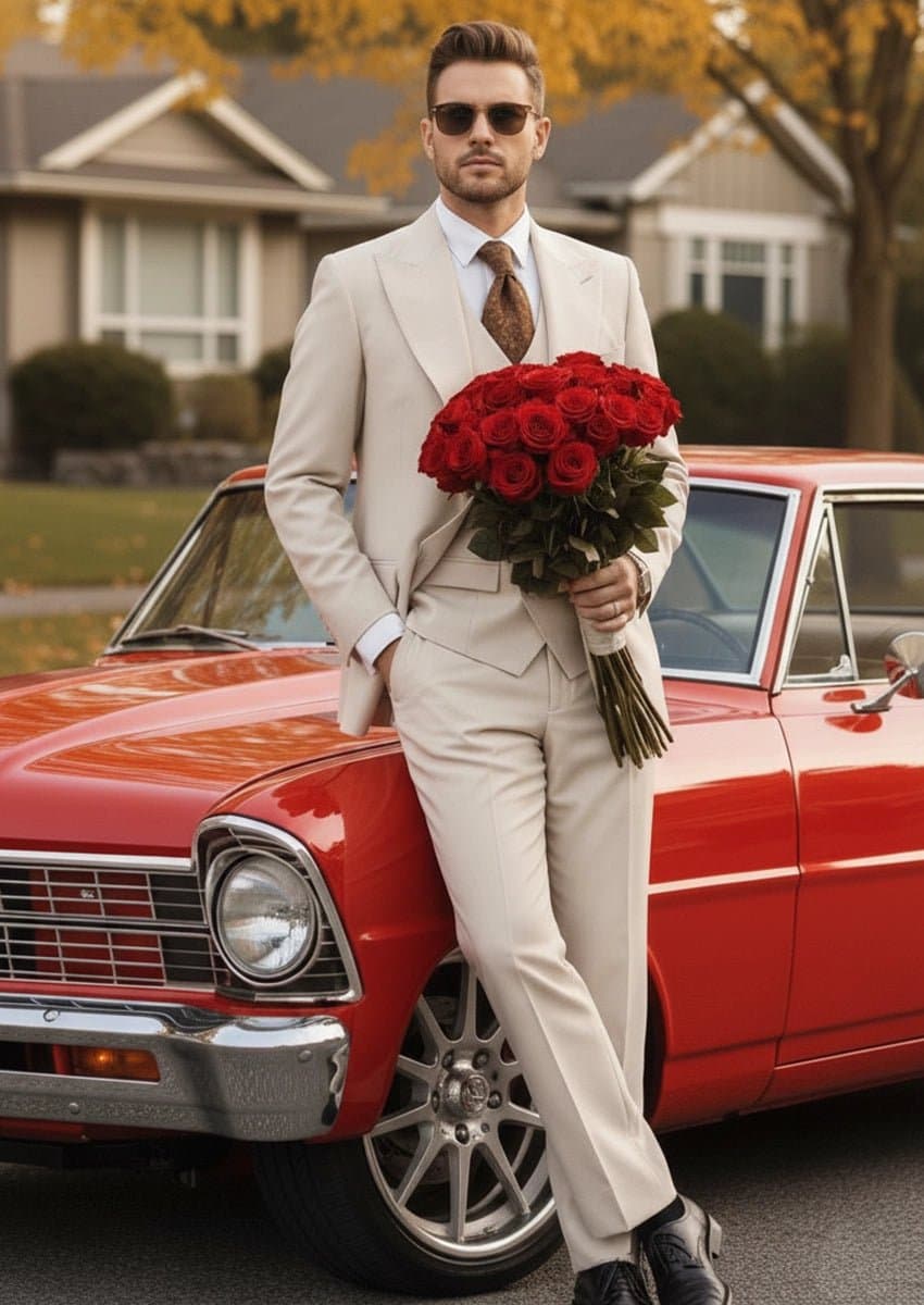 Ivory Beige Textured 3-Piece Slim Fit Suit Set with Peak Lapels