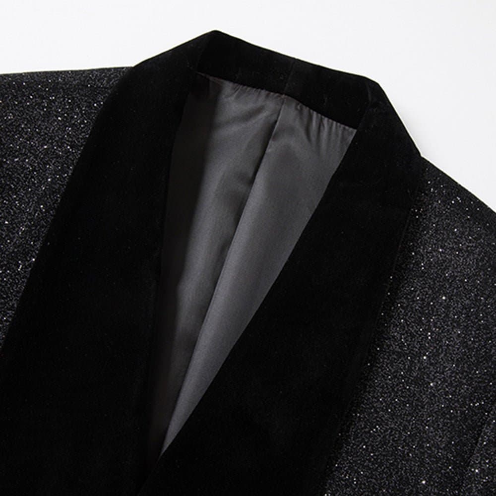 Black Stardust & Velvet Double-Breasted Tuxedo Set Jacket and Trousers 2-Piece Slim Fit
