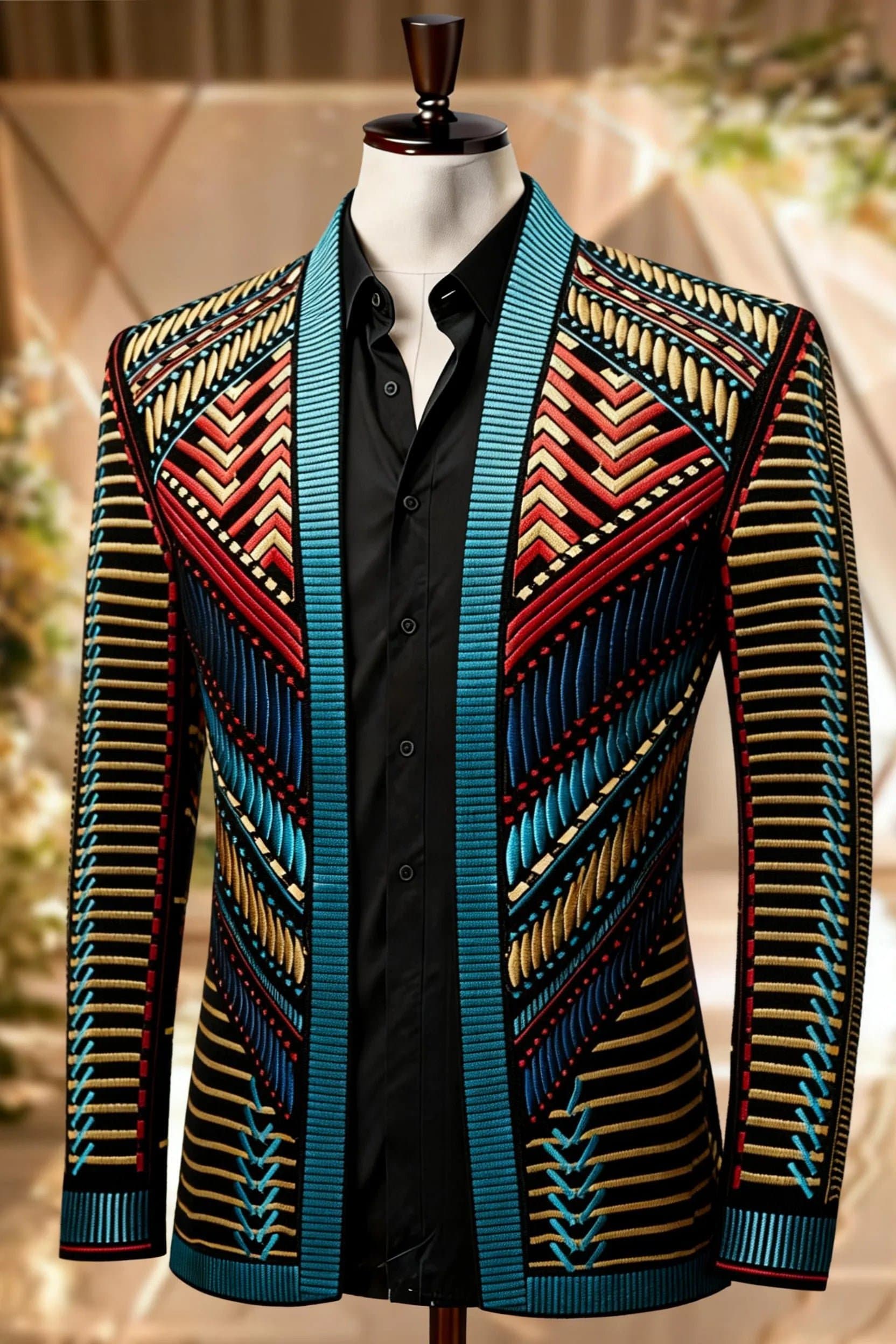 Mayan Sun Multi-Color Tribal Embroidered Velvet Jacket Slim Fit Black