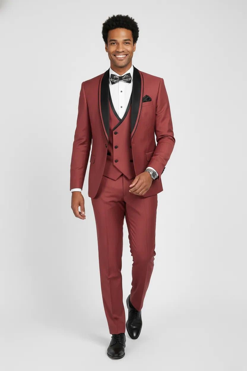 Rosewood Mirage Dusty Rose Satin Shawl Collar 3-Piece Tuxedo Suit - Slim Fit Jacket Vest Trousers