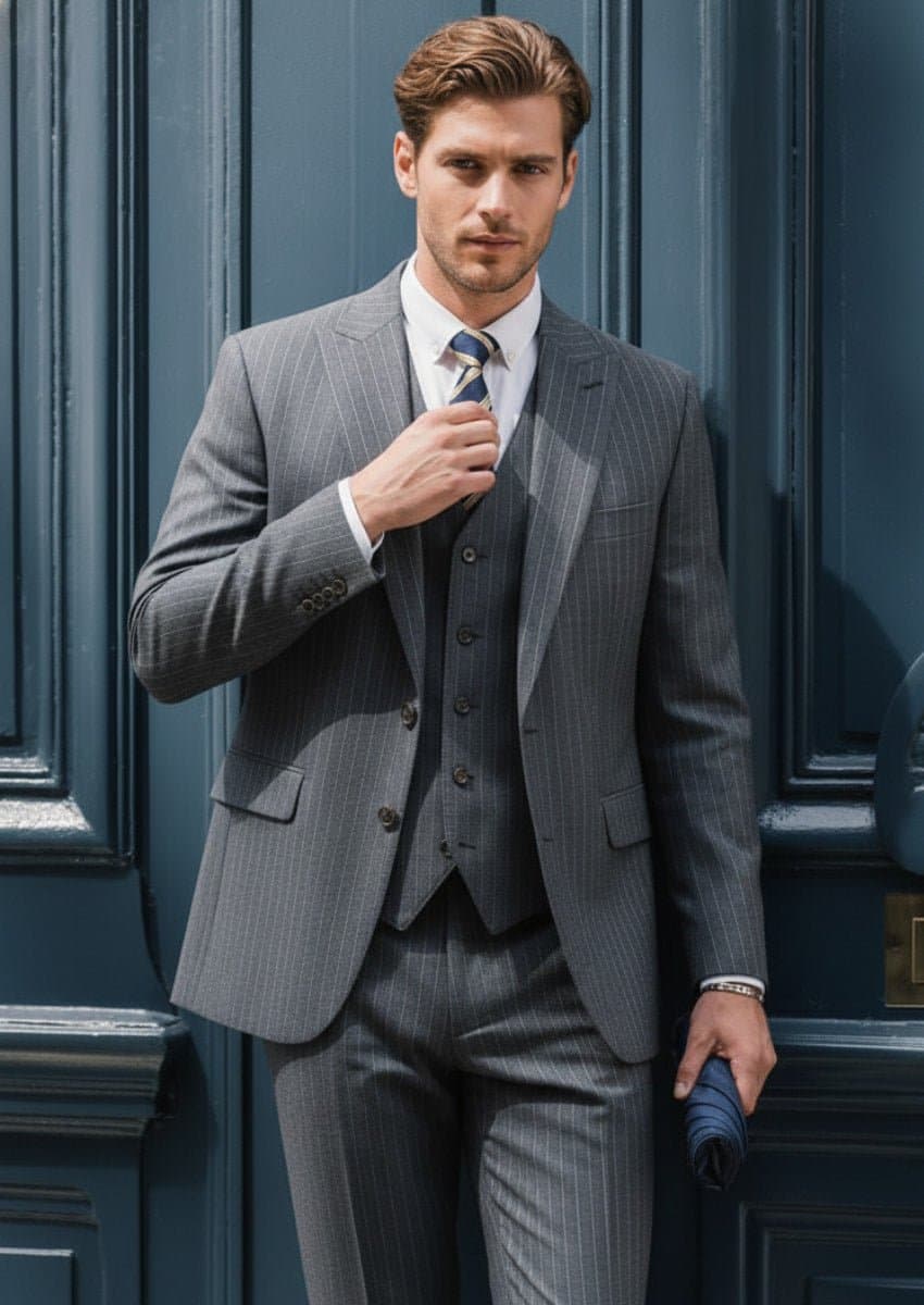 Men's Dark Grey 3-Piece Slim Fit Suit Set with Side Slit Single-Breasted Notched Lapel