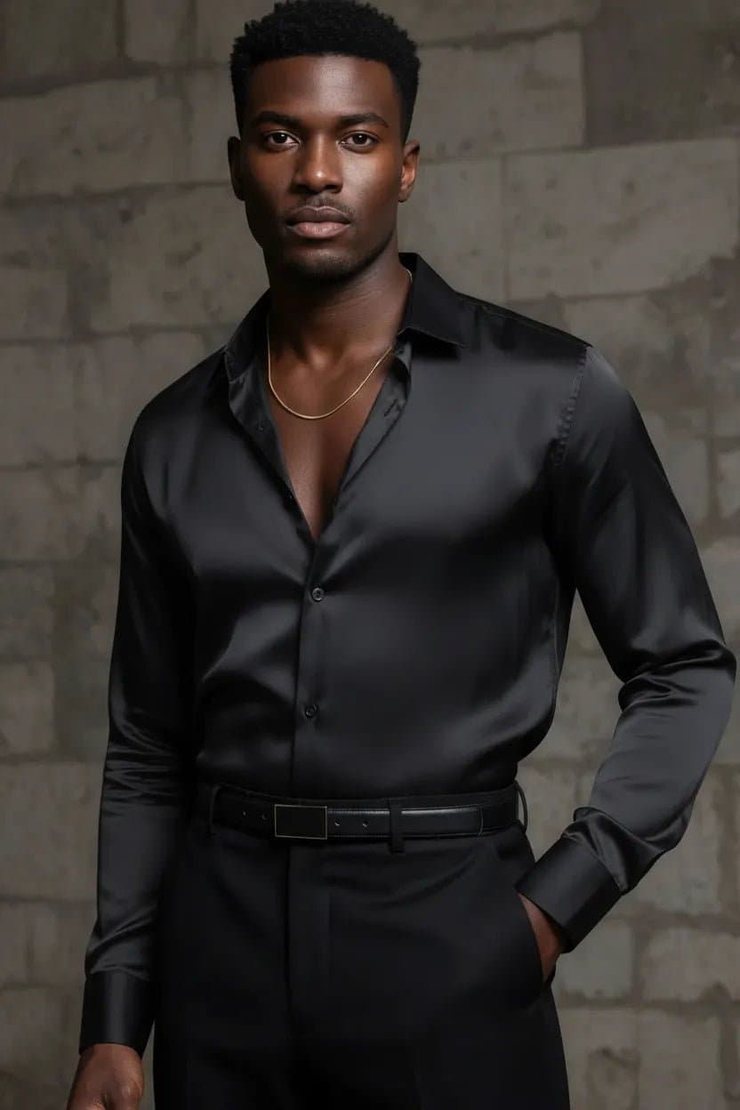 Men's Silk Satin Long Sleeve Shirt Black White Relaxed Fit Polyester Spandex