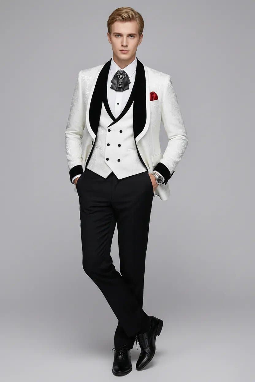 White Floral Jacquard 3-Piece Tuxedo with Black Velvet Shawl Collar - Sizes 34R-42R