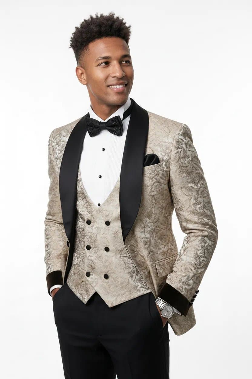 Ivory Meridian Beige Leaf Jacquard 3-Piece Tuxedo Jacket Vest Trousers Slim Fit