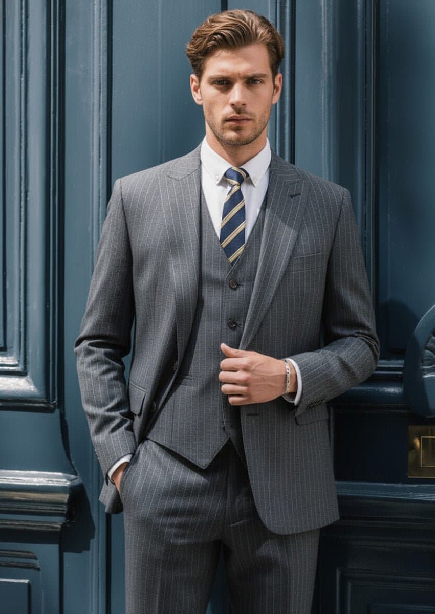 Men's Dark Grey 3-Piece Slim Fit Suit Set with Side Slit Single-Breasted Notched Lapel