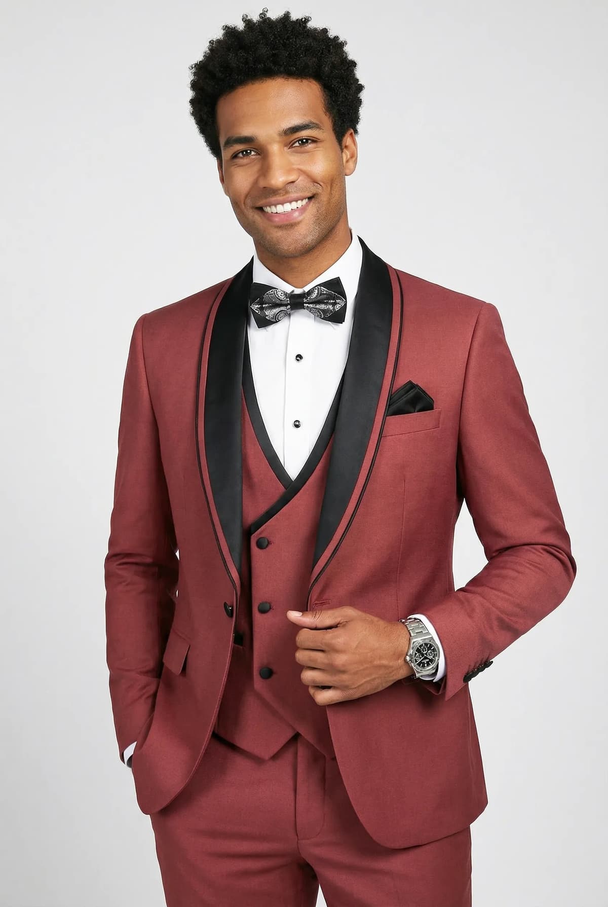 Rosewood Mirage Dusty Rose Satin Shawl Collar 3-Piece Tuxedo Suit - Slim Fit Jacket Vest Trousers