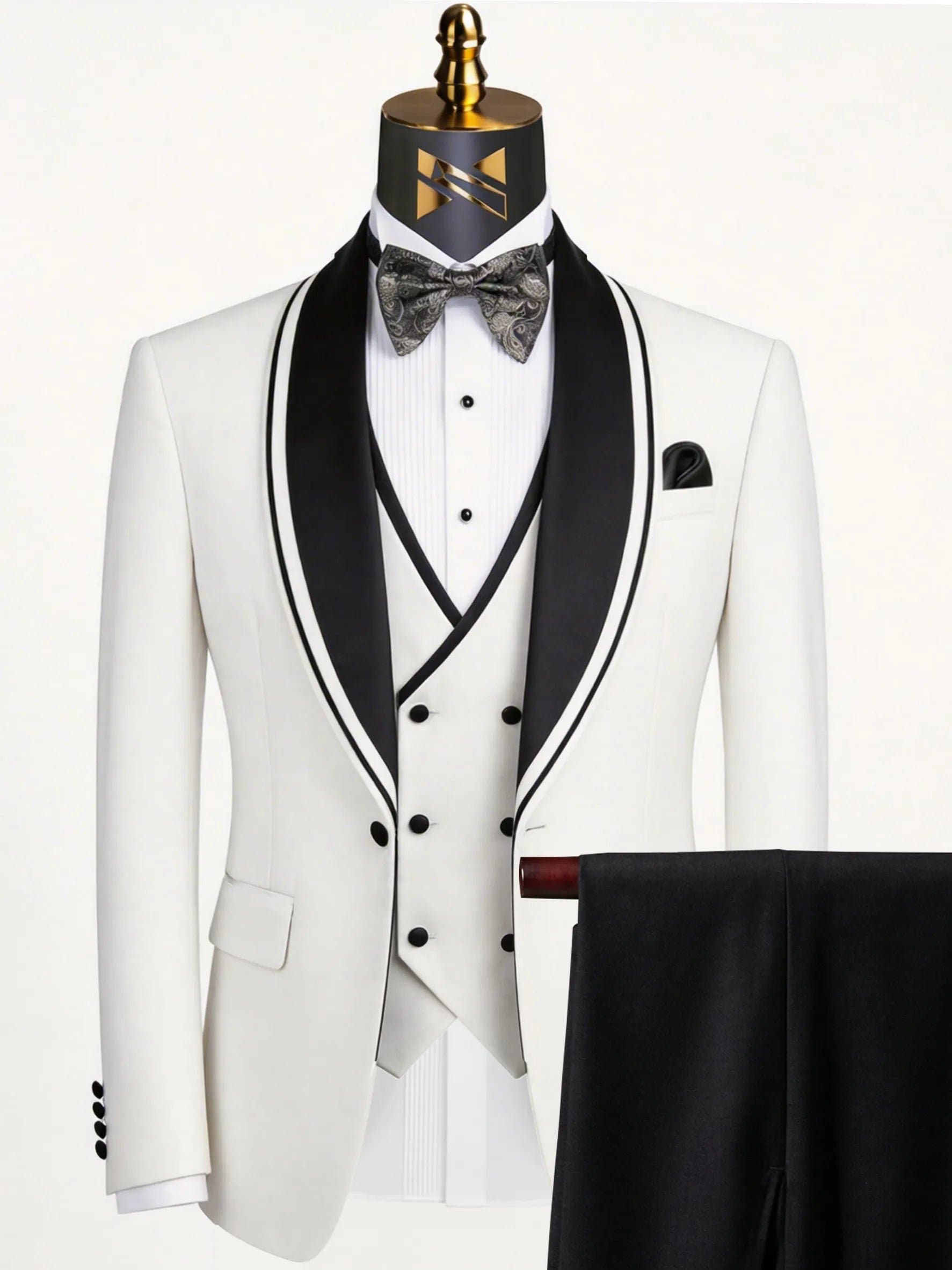 Alabaster Horizon White Black Satin Shawl Collar 3-Piece Slim Fit Tuxedo Set