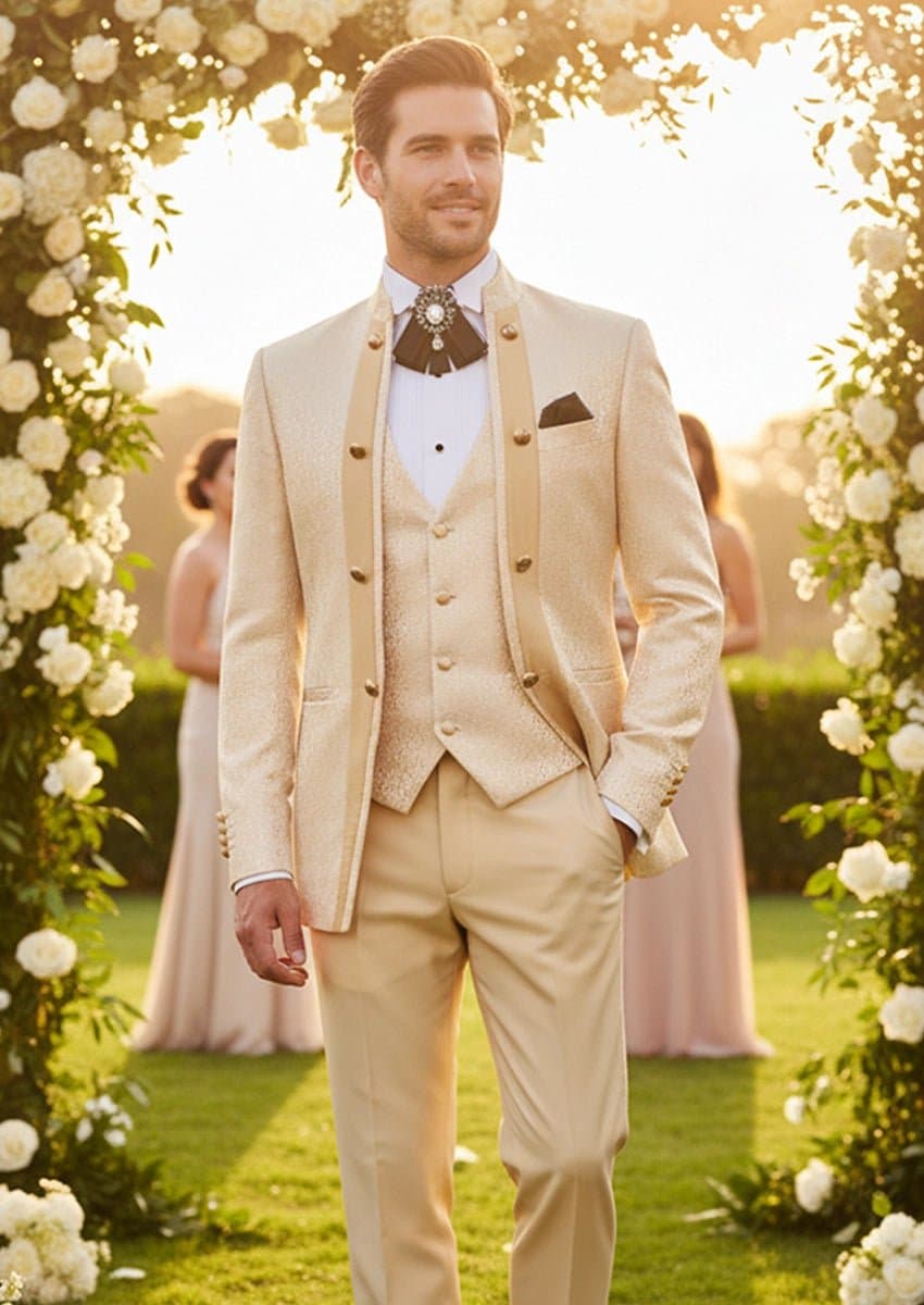 Amber Mirage Champagne Paisley Jacquard 3-Piece Tuxedo Suit - Slim Fit Jacket Vest Trousers