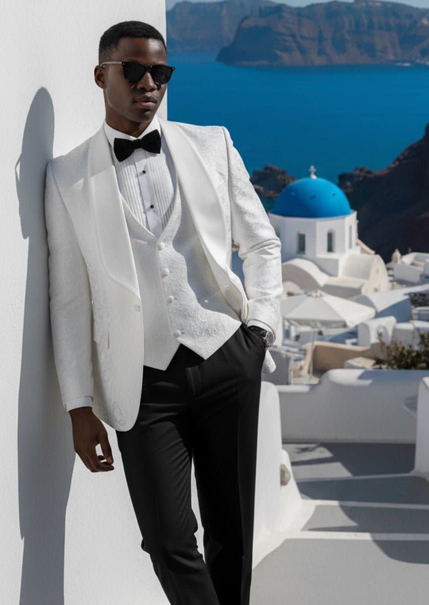 Pearl Sovereign Ivory White Jacquard 3-Piece Tuxedo Set with Oversized Shawl Collar