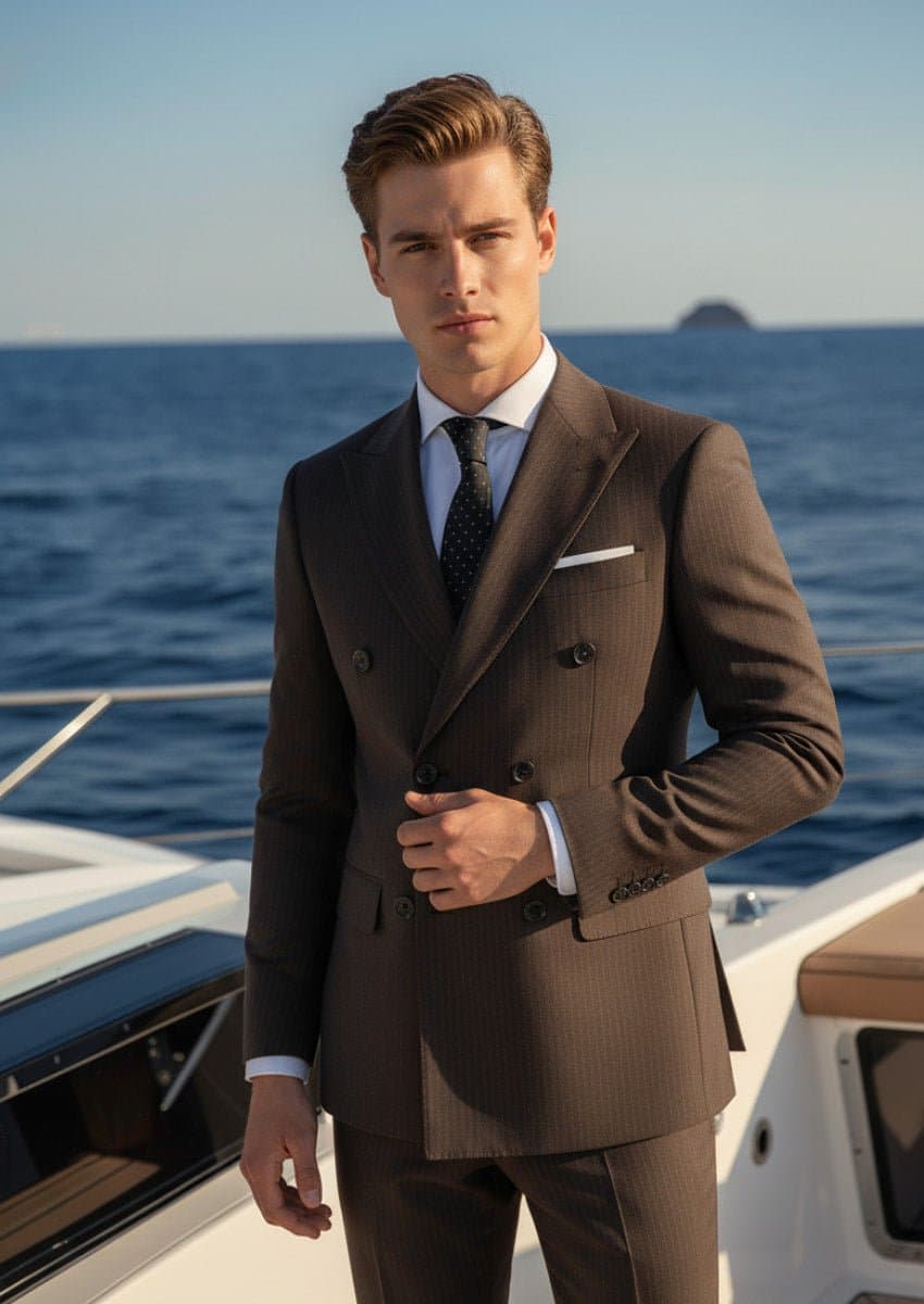 Men’s Brown Double-Breasted Striped Slim Fit Suit 2-Piece Set