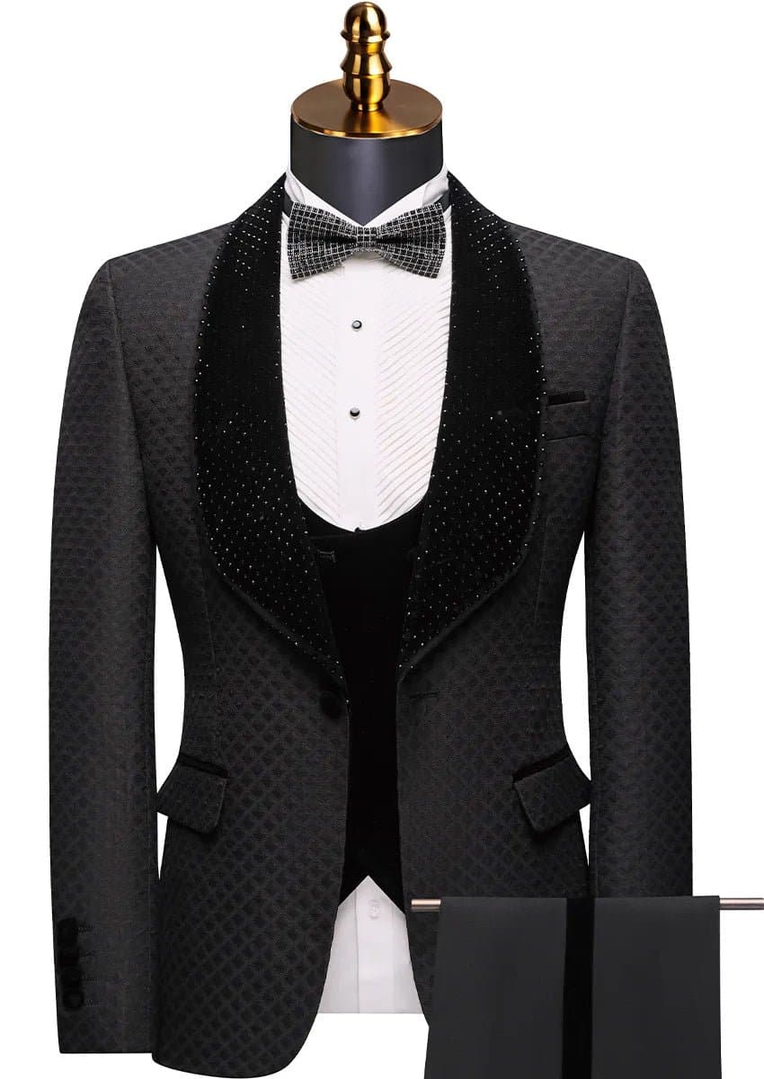 Obsidian Masterpiece Black Jacquard Velvet 3-Piece Slim Fit Tuxedo Set Jacket Vest Trousers