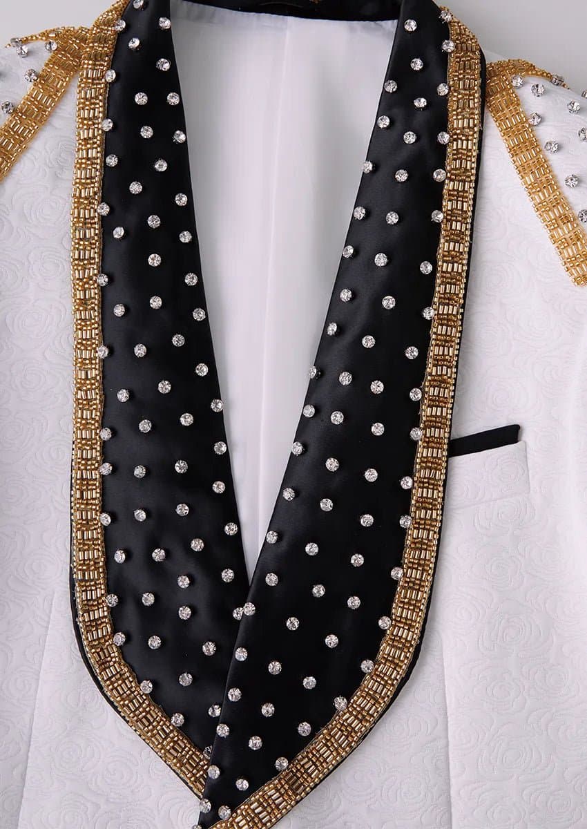 Alabaster Imperial White Rose Jacquard Gold Beaded 3-Piece Tuxedo Slim Fit