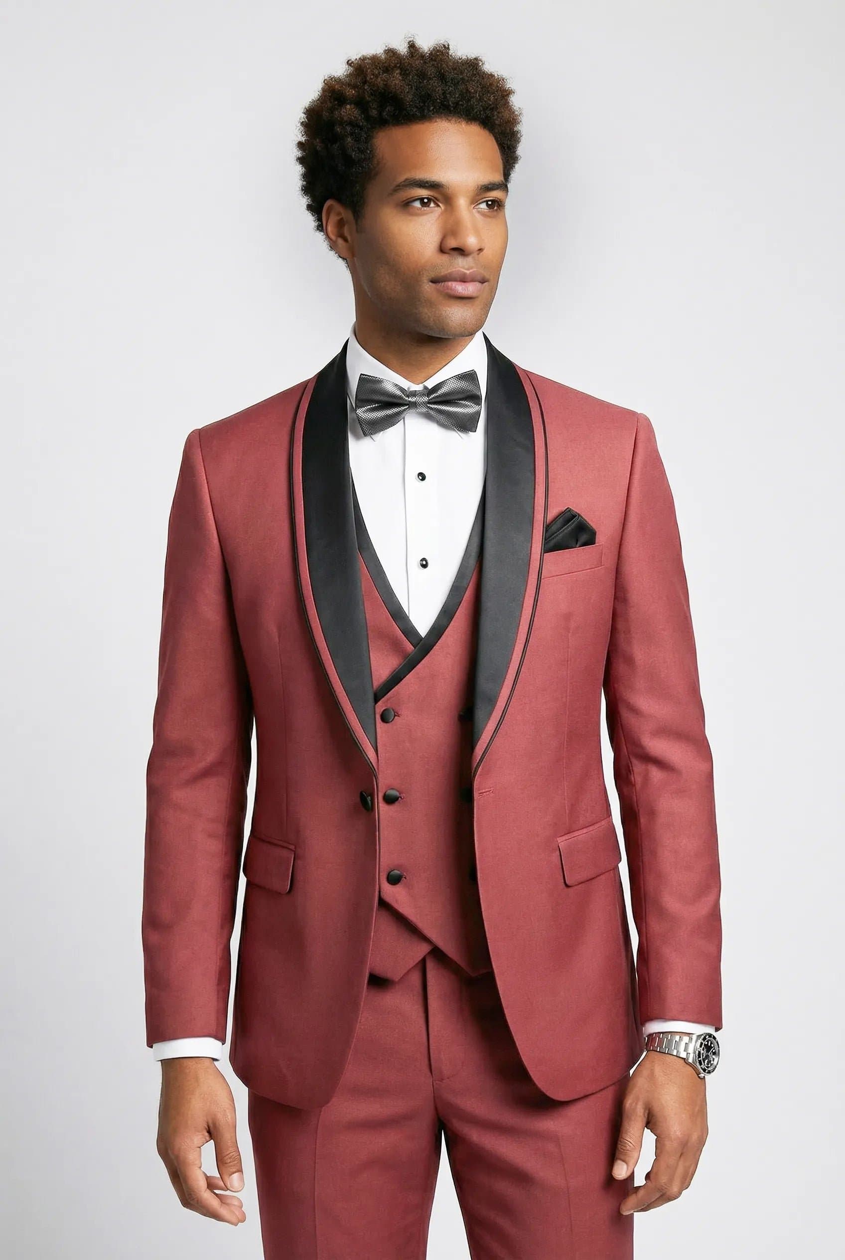 Rosewood Mirage Dusty Rose Satin Shawl Collar 3-Piece Tuxedo Suit - Slim Fit Jacket Vest Trousers
