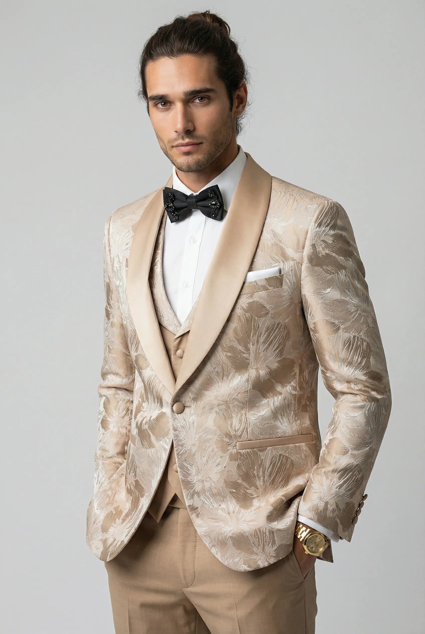 Aureate Mirage Champagne Gold Floral Jacquard Shawl Collar Tuxedo 3-Piece Suit 34R-54R