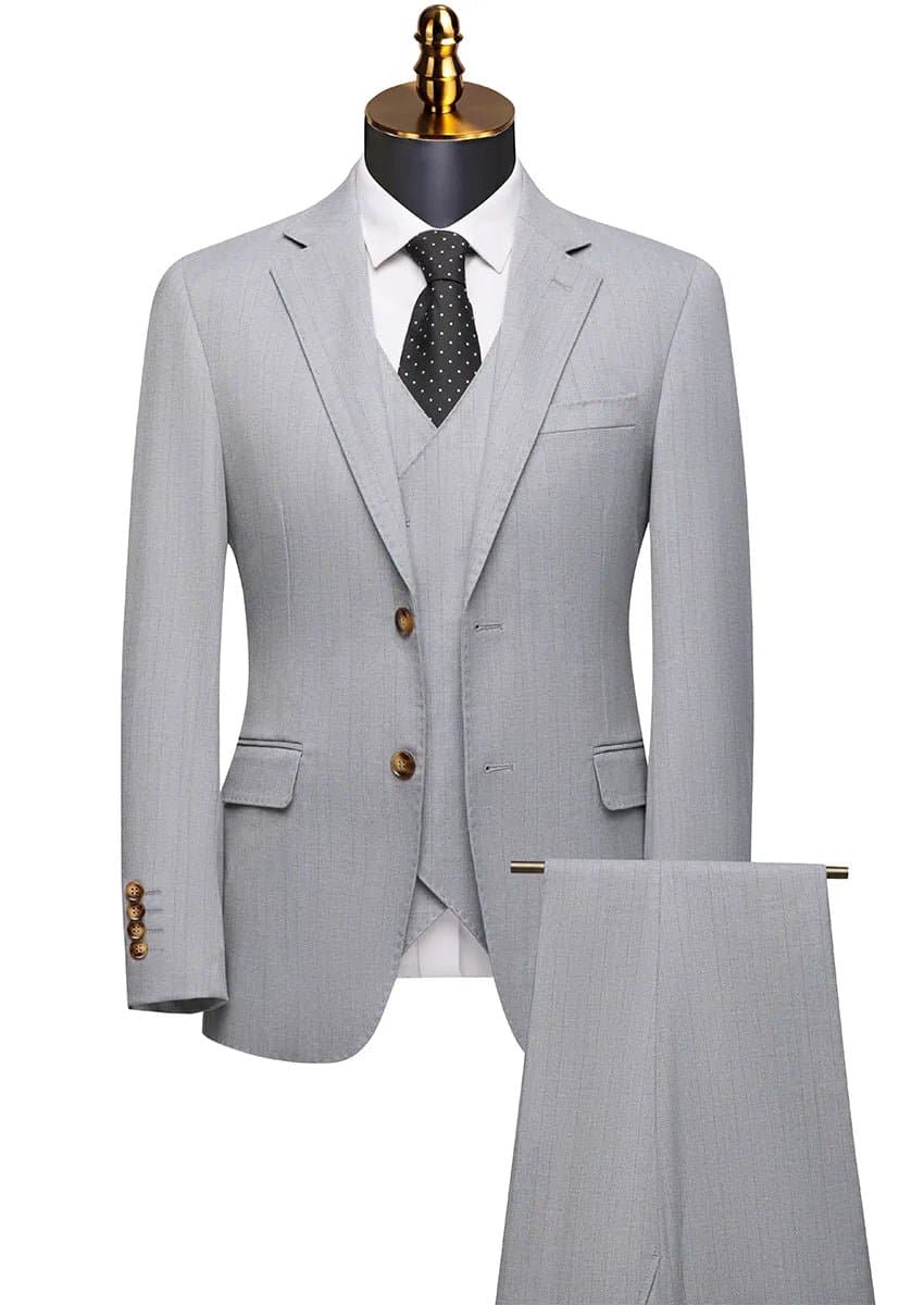 Sterling Pinstripe Light Grey Textured 3-Piece Suit Set - Modern Slim Fit Jacket Vest Trousers