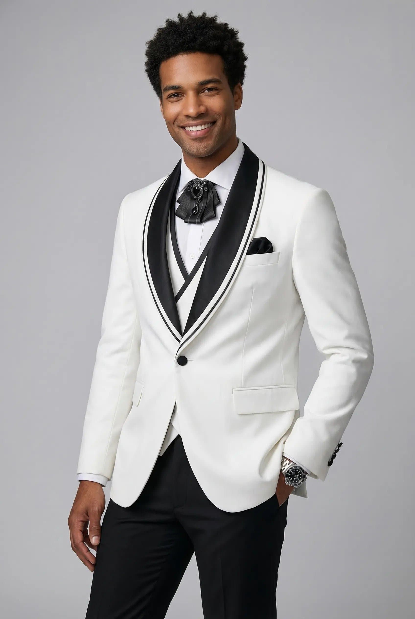 Alabaster Horizon White Black Satin Shawl Collar 3-Piece Slim Fit Tuxedo Set