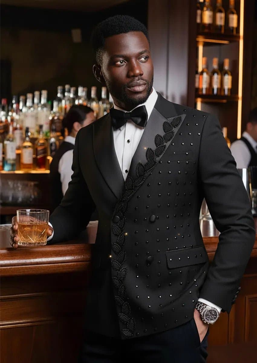 Phantom Vanguard Black Asymmetric Vine Beaded 2-Piece Tuxedo Jacket and Trousers Set