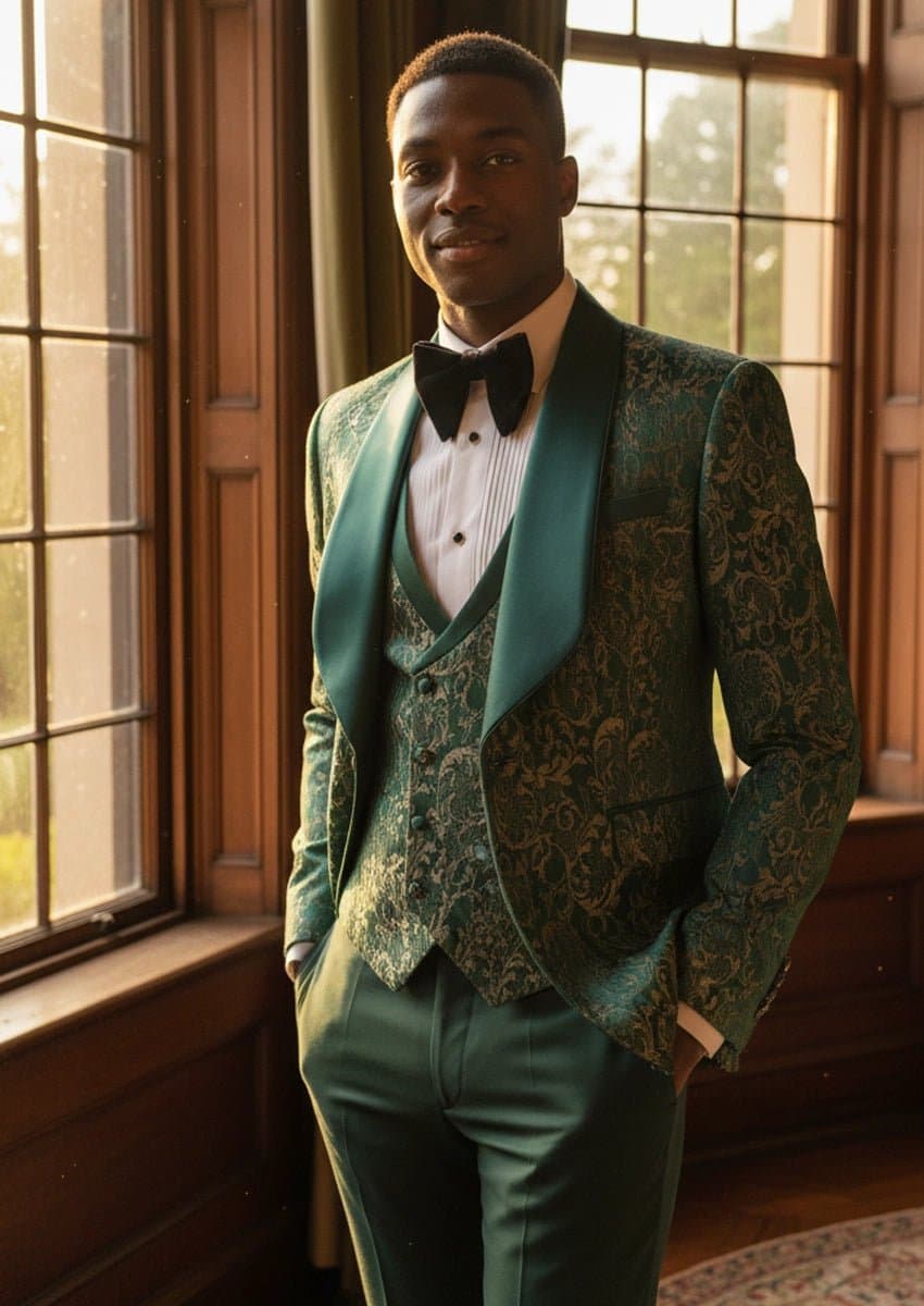 Emerald Green Jacquard 3-Piece Tuxedo Slim Fit Jacket Vest Trousers