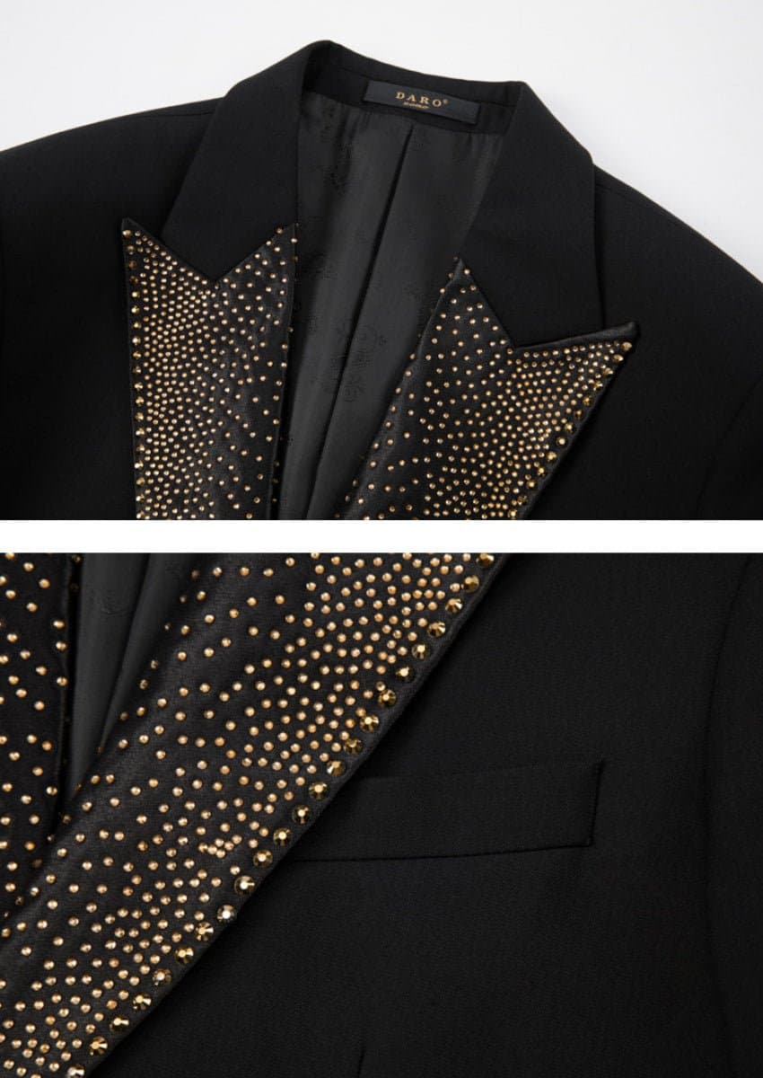 Midnight Mosaic Black & Gold Crystal Peak Lapel 3-Piece Slim Fit Tuxedo Set