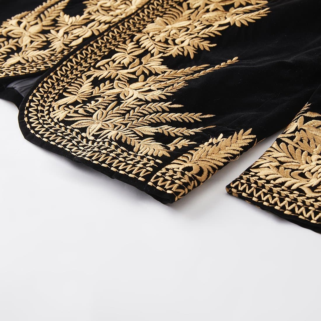 Black Velvet Gold Leaf Fern Embroidered Tuxedo Jacket and Trousers Set