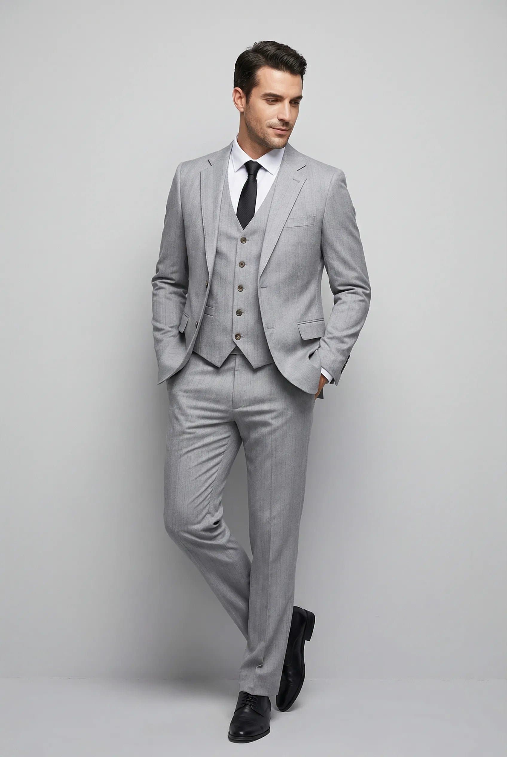 Sterling Pinstripe Light Grey Textured 3-Piece Slim Fit Suit Set - Jacket Vest Trousers