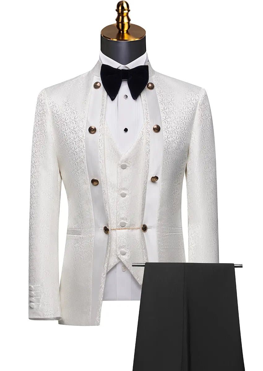 Ivory Meridian White Paisley Jacquard 3-Piece Tuxedo - Slim Fit Jacket Vest Black Trousers