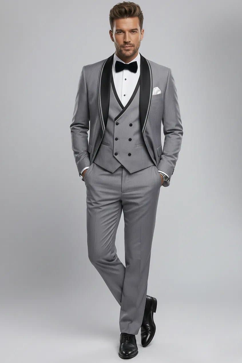 Slate Zenith Light Grey Satin Shawl Collar 3-Piece Slim Fit Tuxedo Set