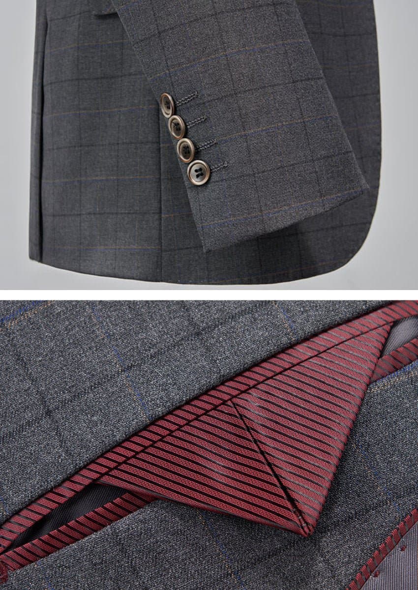 Men’s Gray Windowpane Plaid Slim Fit 3-Piece Suit Single-Breasted Notched Lapel