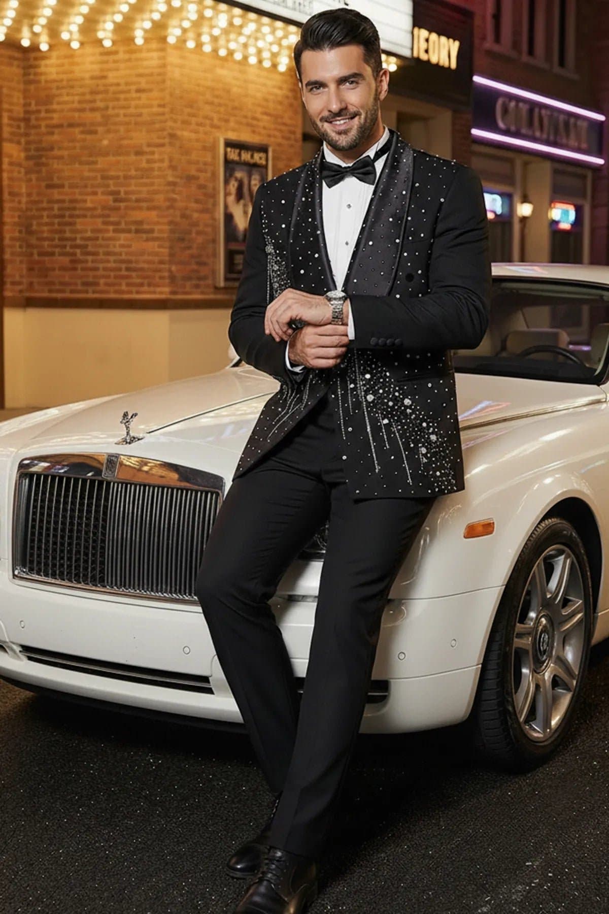 Obsidian Cascade Black Crystal Fringe 2-Piece Tuxedo Set Jacket Trousers Slim Fit